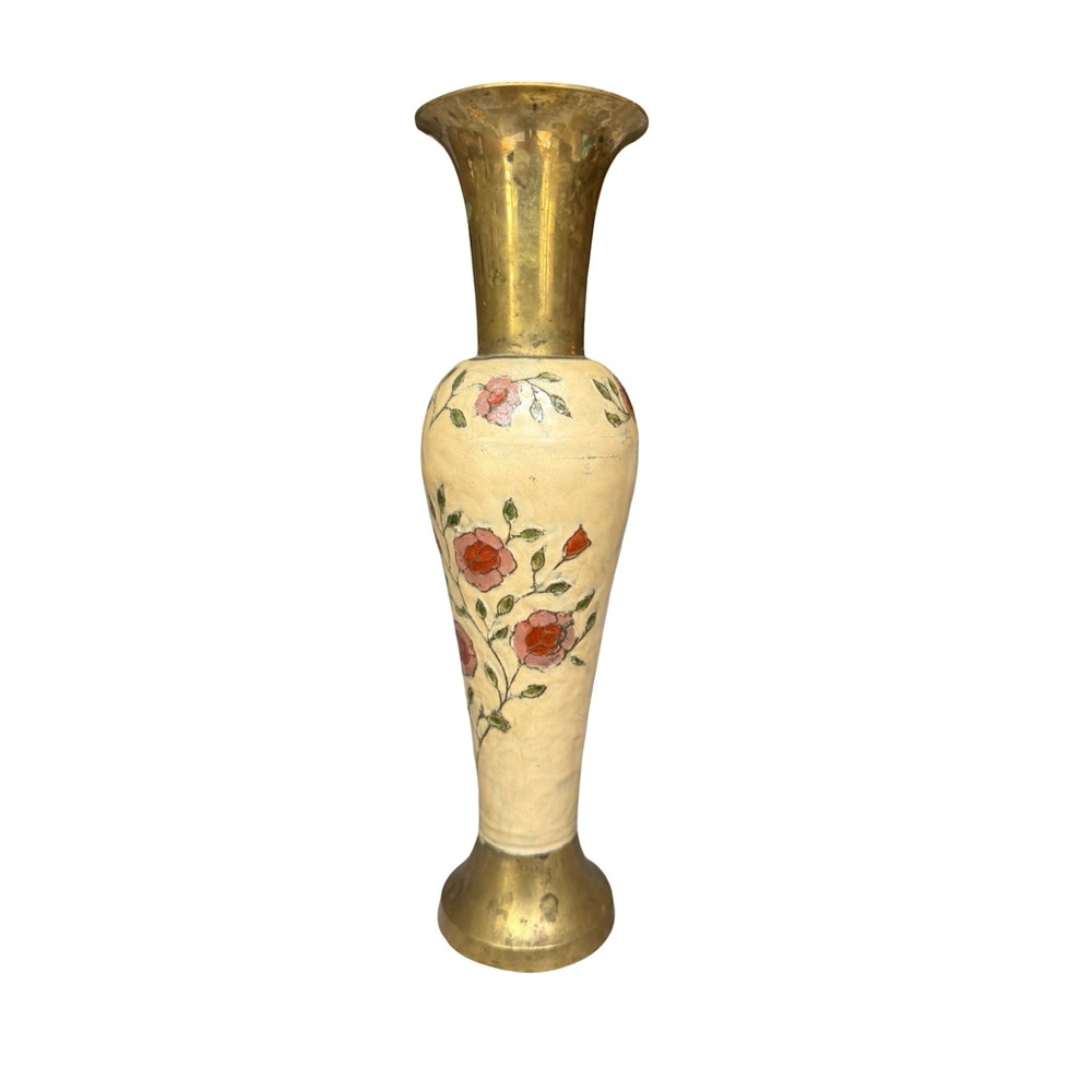 Solid Brass Decorative Vase With Enamel Hand Painted Floral Design 11”